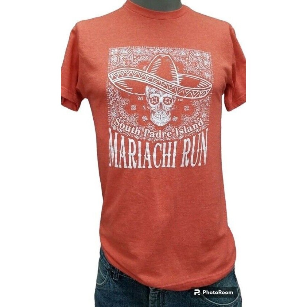 South Padre Island Mariachi Skull Graphic Orange T-Shirt Medium Viva Mexico!